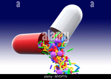 Illustration conceptuelle du microbiome humain à l'intérieur d'un micro capsule. Le microbiome est la collection de microbes trouvés sur et dans le corps humain. Certains des microbes aident à nous garder en santé et il peut être possible de transférer ces bons microbes (probiotiques) d'un donneur à un patient pour traiter une maladie. Banque D'Images