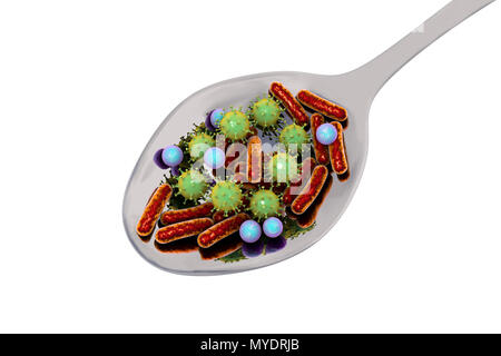 Toxi-infections, illustration conceptuelle. Une infection d'origine alimentaire est une maladie infectieuse qui se développe après l'ingestion de micro-organismes pathogènes avec de la nourriture. De nombreuses bactéries sont responsables d'infections à Staphylococcus aureus (y compris les bactéries sphériques), Escherichia coli, Shigella sp. et Salmonella sp. (Les bactéries en forme de tige). Les virus liés à l'alimentation comprennent l'hépatite A et les norovirus. Banque D'Images