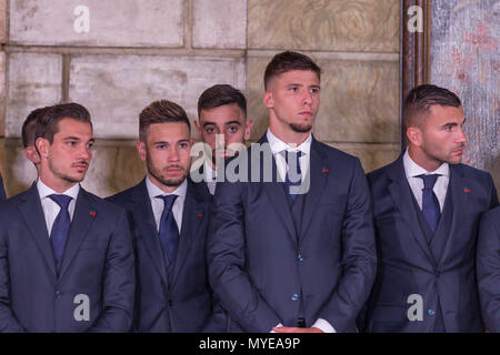 Lisbonne, Portugal. 6 juin, 2018. Défenseur du Portugal Cedric Soares (21), Portugal's defender Raphael Guerreiro (5), le milieu de terrain du Portugal Bruno Fernandes (16), Portugal's defender Ruben Dias (13) et le Portugal's gardien Anthony Lopes (12) lors de la Coupe du Monde 2018 Portugal squad/24 © Alexandre de Sousa/Alamy Live News Banque D'Images