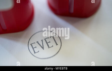 07 Juin 2018g, Stuttgart, Allemagne : 'Evet' (en allemand : Oui) est dans un bureau de vote pour les élections parlementaires et présidentielles turques sur un morceau de papier. La barrière a été construite spécialement pour les élections en face de l'immeuble. En Turquie d'ici la fin du mois d'élections parlementaires et présidentielles auront lieu. 1,4 millions de Turcs en Allemagne peuvent commencer à voter le 7 juin 2018 et jusqu'au 19 juin 2018. Photo : Sebastian Gollnow/dpa Banque D'Images