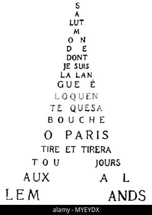 . English : Calligramme de Guillaume Apollinaire intitulé Tour Eiffel. 4 octobre 2013. Guillaume Apollinaire (1880-1918) Noms alternatifs pseudonyme : Germain Amplecas, Wilhelm Apollinaris de Kostrowitsky, pseudonyme : Louise Lalanne, poète français-italien Description de l'écrivain, dramaturge, critique d'art, mémorialiste et conteur Date de naissance/Décès 26 Août 1880 9 novembre 1918 Lieu de naissance/décès Rome Paris contrôle d'autorité : Q133855 : VIAF 66462795 ISNI : 0000 0001 2137 1423 ULAN : 500010539 RCAC : n78080654 NLA : 35007484 222 WorldCat - Guillaume Apollinaire Calligramme - Tour Eiffel Banque D'Images