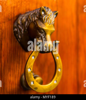 Porte avec heurtoir en laiton en forme de cheval, belle entrée de la maison, décoration vintage Banque D'Images