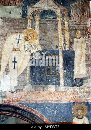 . Македонски : Фрески Црквата во "Св. Софија" во Охрид English : peintures à l'église Sainte-Sophie à Ohrid, Macédoine Русский : Фрески церкви св. София, Oхридская Македония . 11e siècle AD. 195 inconnu des fresques de l'église Sainte-Sophie d'Ohrid en 056 Banque D'Images