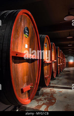 Une rangée de tonneaux de vin et fûts stockés dans un tunnel souterrain à ambiance contrôlée. Banque D'Images