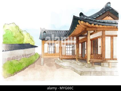 La beauté de l'jk hanok, maison de style traditionnel coréen sur fond d'aquarelle 003 Illustration de Vecteur