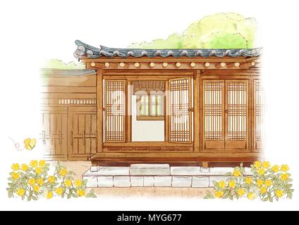 La beauté de l'jk hanok, maison de style traditionnel coréen sur fond d'aquarelle 001 Illustration de Vecteur