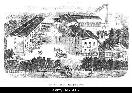 . Deutsch : Pirna : Blick auf die 1867 Gustav von Haensel an der Clara-Zetkin-Straße (damals Waisenhausstraße) errichtete neue Chemische Fabrik für ätherische Öle und Essenzen, von den damals sichtbaren Coaching blieb bis heute (Stand 2014) nur die Villa an der Straße (Vordergrund rechts) erhalten, Ansicht um 1878 . 1878. 233 Heinrich-Haensel Fabrik-Pirna-inconnu Banque D'Images