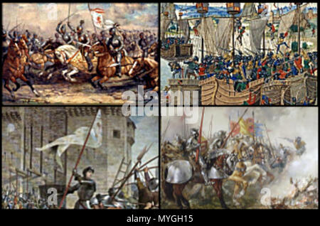 . Montage de tableaux représentant des batailles de la guerre de Cent Ans. Dans le sens horaire, à partir du haut à gauche : Crécy, La Rochelle, Agincourt, Orléans. 6 mars 2010. Voir les images ci-dessous. 249 Montage de la guerre de Cent Ans Banque D'Images