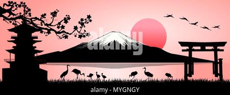 La montagne Fuji Silhouette au coucher du soleil. Paysage, le Mont Fuji. Le Mont Fuji sur fond rose. Illustration de Vecteur