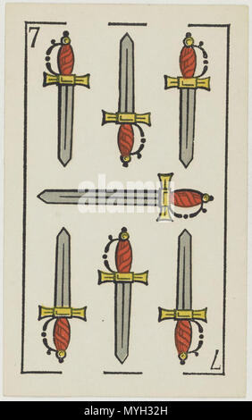 . Anglais : Aluette deck, B. P. Grimaud éditeur, France, 1860 : sept d'épées . 1860. B. P. Grimaud 274 Jeu d'Aluette - Grimaud - 1860 - Sept d'épées Banque D'Images