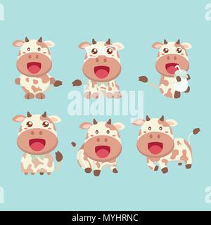 Set of funny cartoon vache dans diverses poses. Illustration de Vecteur