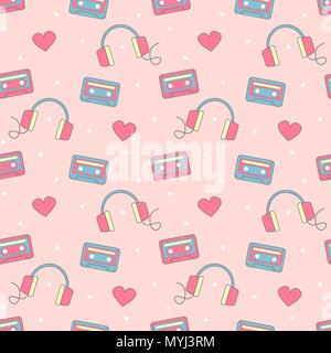 Cute joli motif coloré vecteur transparent background illustration avec des écouteurs, des coeurs, des points et des cassettes Illustration de Vecteur