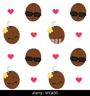 Cute cartoon coconut couple in love seamless pattern vector illustration d'arrière-plan Illustration de Vecteur