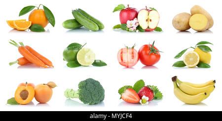 De nombreux fruits et légumes fruits collection isolated apple oranges tomates banane de couleurs sur un fond blanc Banque D'Images