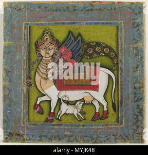 . Anglais : Kamadhenu, la vache fait Wish-Granting à Jodhpur, Rajasthan, Inde ou réalisés dans Nathadwara, Rajasthan, Inde c. 1825-55 Artiste/artisan inconnu, l'Inde et de pigments métalliques aquarelle opaque sur papier 5 x 5 pouces (12,7 x 12,7 cm) en ce moment pas sur voir 1994-148-401 Collection Stella Kramrisch, 1994 Cette vision de l'étiquette, la vache Kamadhenu Wish-Granting, combine la vache zébu blanc avec le visage féminin frontal couronné, 'colorés des ailes d'aigle et queue de paon de Buraq, l'animal que le prophète Mohammed rode au ciel dans son voyage nocturne (Miraj). Depuis au moins le xve siècle, comm Banque D'Images