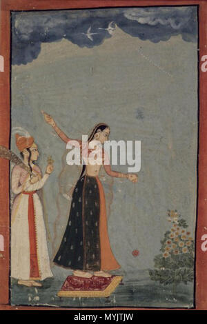 . Dame avec un yo-yo au nord de l'Inde (Rajasthan, Bundi ou Kota) . Cette peinture appartient à la vaste genre des peintures représentant des femmes solitaires qui doivent s'amuser pendant que leurs amants sont là. Il montre une femme jouant avec une chaîne jouet qui est similaire, mais non identique, à l'Ouest un yo-yo. Elle se dresse sur un tabouret bas, qui sert de piédestal, nous invitant à admirer la beauté de l'objet. Le serviteur debout derrière elle est probablement une femme (à en juger par le fin voile sur ses épaules et son hennaed pieds), mais elle est habillée dans le turban et long manteau (JAMA), de l'homme. Elle tenir Banque D'Images