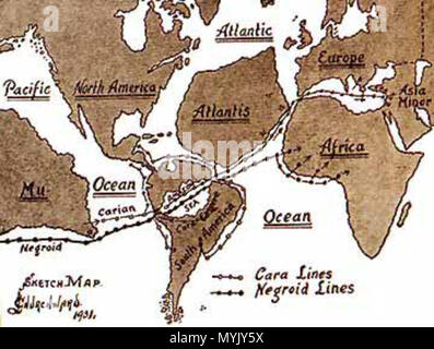 . Anglais : Warrington's carte montrant comment il pensait Mu réfugiés distribués après le cataclysme à travers l'Amérique du Sud, le long des rives de l'Atlantide et en Afrique. Português : Linhas migratórias dos refugiados de Mu, o la cataclisma, através do mar amazônio, para Atlântida e África. 1931. James Warrington (1851-1936) 319 Lemuria mumap2 Banque D'Images