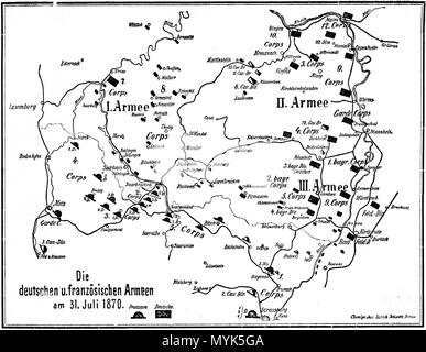 . Anglais : Carte des armées allemandes et françaises sur 31 juillet 1870, au début de la guerre franco-prussienne. Deutsch : Karte der deutschen und französischen Armeen am 31. Juli 1870 zu Beginn des Deutsch-Französischen Krieges. 1892. J. Scheibert 342 Site allemand et français le 31 juillet 1870 armys Banque D'Images