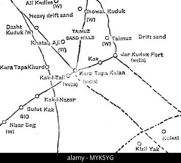 . Anglais : 1886 site de Qarah Tappeh Tapa (Kara) zone dans la province de Jowzjan, l'Afghanistan, à partir d'une carte de l'Kham-i-Ab, ou zone en litige entre la Russie et l'Afghanistan. 1886. La Commission d'établir la limite nord de l'Afghanistan 343 Map-Kara Tapa-Kalen--Science-1886 Banque D'Images