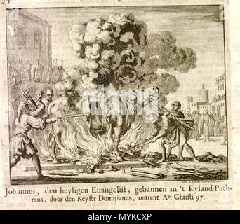 . Anglais : Antipas brûler vifs dans une direction de cuivre, AD 95. À partir de les Martyrs Mirror, c'est une gravure d'fr:Jan Luyken (1649-1712). Le texte en haut de la page est traduite comme suit : "Jean l'Évangéliste, le saint évangéliste, banni à l'île de Patmos, par l'empereur Domitien, en l'an 97." Cependant, cette légende est incorrect ; il doit avoir été intervertis. En fait, c'est une représentation de Saint Antipas étant brûler vifs dans une direction de cuivre.[1] ↑ Les Martyrs Mirror Images. Bibliothèque mennonite et des Archives. "Livre 1, page 34 : Antipas brûler vifs dans une direction de cuivre, AD 95 (intéressant que le ca Banque D'Images