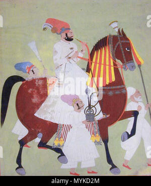 . Anglais : Numéro ID catégorie Nom de l'article 2003.10.2 PEINTURES peinture miniature moghole Titre Noble sur l'endroit fait de l'Inde Date/période 19th-20th C. Composition pigment tempera sur papier encadrées : 18 mesures doré" H x 14" W ; Image : 10,625" H x 8,875" W Ligne de crédit d'achat du musée . 19th-20th C.. 368 Inconnu Noble Moghol à cheval Banque D'Images