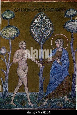 . Adam est enterind dans Eden. Ведомый Богом вступает Адам в рай. Mosaïque byzantine à Monreale . 12e siècle. 369 anonyme Monreale adam entrant Banque D'Images
