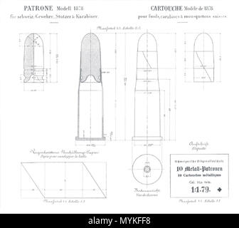 . English : Planches de l'ordonnance sur les armes à sous-munitions de fusils et de revolvers 10,4mm modèle de 1878 . 26 août 2012. Confédération Suisse 377 sous-munitions 10,4mm Vetterli 1878 Banque D'Images