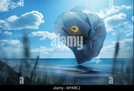 Un étrange et mystérieux objet futuriste planant au-dessus d'une plage pittoresque sur un summerday hto. Illustration technique mixte. Banque D'Images