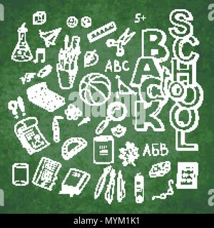 Retour à l'école fournitures bordée collection. Sketchy notebook doodles ensemble avec lettrage. Éléments de conception d'illustration vectorielle sur green chalkboard Illustration de Vecteur