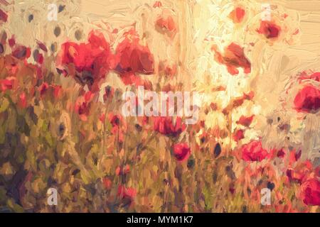 Peinture d'art numérique de l'original d'une photo d'un champ de fleurs de pavot maïs rouge vif en été au coucher du soleil près d'une rivière. Cette peinture à l'huile toile effi Banque D'Images