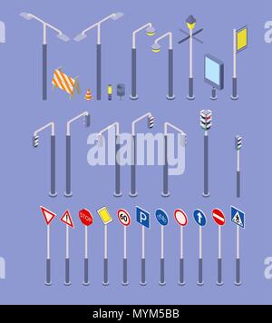 Objets route isométrique icons set. Feux de signalisation, de circulation, de l'illustration des transports signe du signal. Illustration de Vecteur