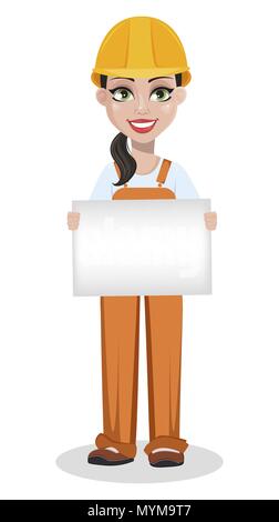 Belle femme builder en uniforme, personnage. Travailleur de la construction professionnelle. Réparateur Smiling woman holding blank placard. Vector illustr Illustration de Vecteur