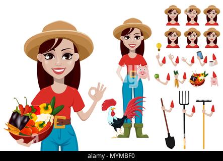 Création de personnages de dessins animés agricultrice. Jolie femme jardinier, pack de parties du corps et des émotions. Construire votre propre design. Vecteur Stock illustr Illustration de Vecteur