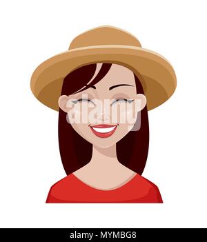 Face à l'expression de farmer woman in hat. Femme de l'émotion, de rire, de bonne humeur. Beau personnage. Vector illustration isolated on white background Illustration de Vecteur