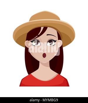 Face à l'expression de farmer woman in hat. L'émotion féminine, surpris. Beau personnage. Vector illustration isolé sur fond blanc. Illustration de Vecteur