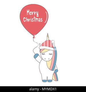 Cute cartoon vector avec unicorn santa 's hat et ballon avec joyeux noël texte Illustration de Vecteur