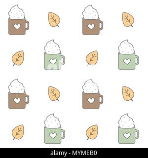 Cute cartoon belle illustration de fond vectoriel continu avec des feuilles, des tasses avec coeur et crème fouettée Illustration de Vecteur