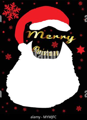 Un père noël barbe et Red Hat sur un fond noir avec des flocons et joyeux Noël texte Illustration de Vecteur