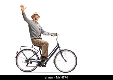 Homme mûr d'une bicyclette et en agitant à l'appareil isolé sur fond blanc Banque D'Images