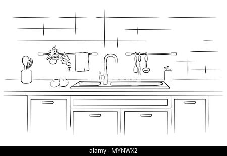 Plan de cuisine avec évier. Vector illustration croquis linéaire. Illustration de Vecteur