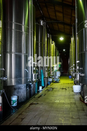 Rangées de tonneaux de vin en métal dans une cave Banque D'Images