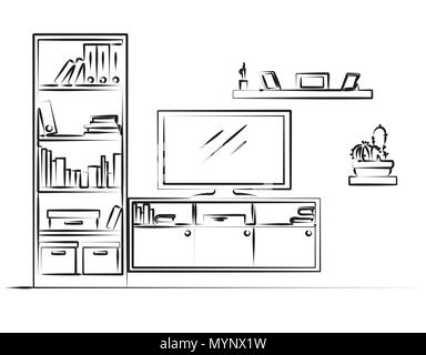 Dessin linéaire de l'intérieur. Une bibliothèque, une commode avec une télévision et des étagères. Vector illustration Illustration de Vecteur