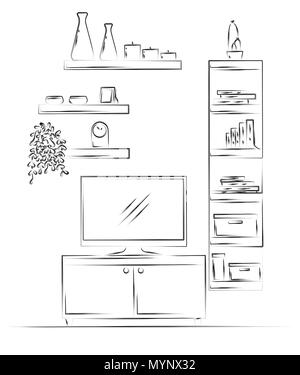 Dessin linéaire de l'intérieur. Une bibliothèque, une commode avec une télévision et des étagères. Vector illustration. Illustration de Vecteur