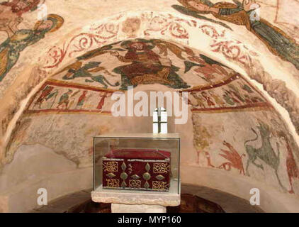 . Anglais : fresques romanes de Roda de Isàvena collégiale, ancienne cathédrale, avec Saint Valérien' culte . 12e siècle. RodaCriptaValeri 458 Anonyme Banque D'Images