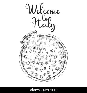 Croquis de la pizza. Bienvenue à l'Italie. Vector illustration Illustration de Vecteur