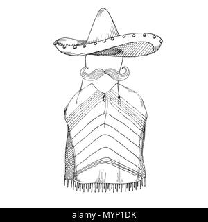 Croquis de poncho, moustache et sombrero. Vector illustration. Illustration de Vecteur