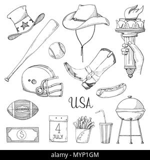 Ensemble d'éléments de la culture américaine. Bienvenue en USA. Vector illustration au croquis style. Illustration de Vecteur