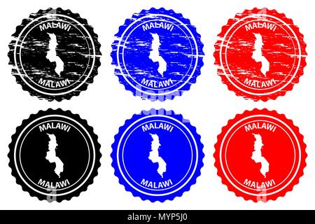 Malawi - timbres en caoutchouc - vecteur, République du Malawi (Le Cœur chaud de l'Afrique) Carte - sticker - noir, bleu et rouge Illustration de Vecteur