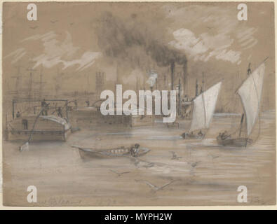 . 'Le Mississippi à la Nouvelle Orléans a, 1872 Croquis par Alfred Waud R.. Montre divers vaisseaux dans la rivière, y compris un bateau à vapeur à aubes, fret divers bateaux, voiliers, et une barque. En arrière-plan est l'horizon de la Warehouse District/American Quarter, avec les clochers de St Patrick's Church et de l'ancien First Presbyterian Church sur Lafayette Square clairement visible. 1872. Alfred Rudolph Waud, 1828 - 1891 456 RiverboatsMississippiAtNewOrleansWaud Banque D'Images