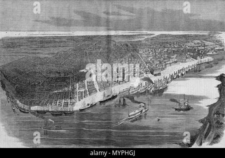 . Anglais : La ville de La Nouvelle Orléans, Louisiane, une gravure sur bois publié dans le Harper's Weekly, mai 1862. "L'artiste de birds eye view' dans l'air au-dessus du fleuve Mississippi en face du Faubourg Ste. Marie, maintenant ancien quartier d'entrepôts, regardant en arrière vers le lac Pontchartrain. La ligne de Canal Street est à droite du centre ; le bloc de la US Customs House, à droite de son côté rivière Remarque importante zone de pleine terre le long de la rivière ; en cette ère utilisé comme espace pour des opérations de chargement et déchargement du fret à partir de la vapeur. Clairement vu sont Bayou Saint-jean-connexion au lac Pontchartrain towa Banque D'Images